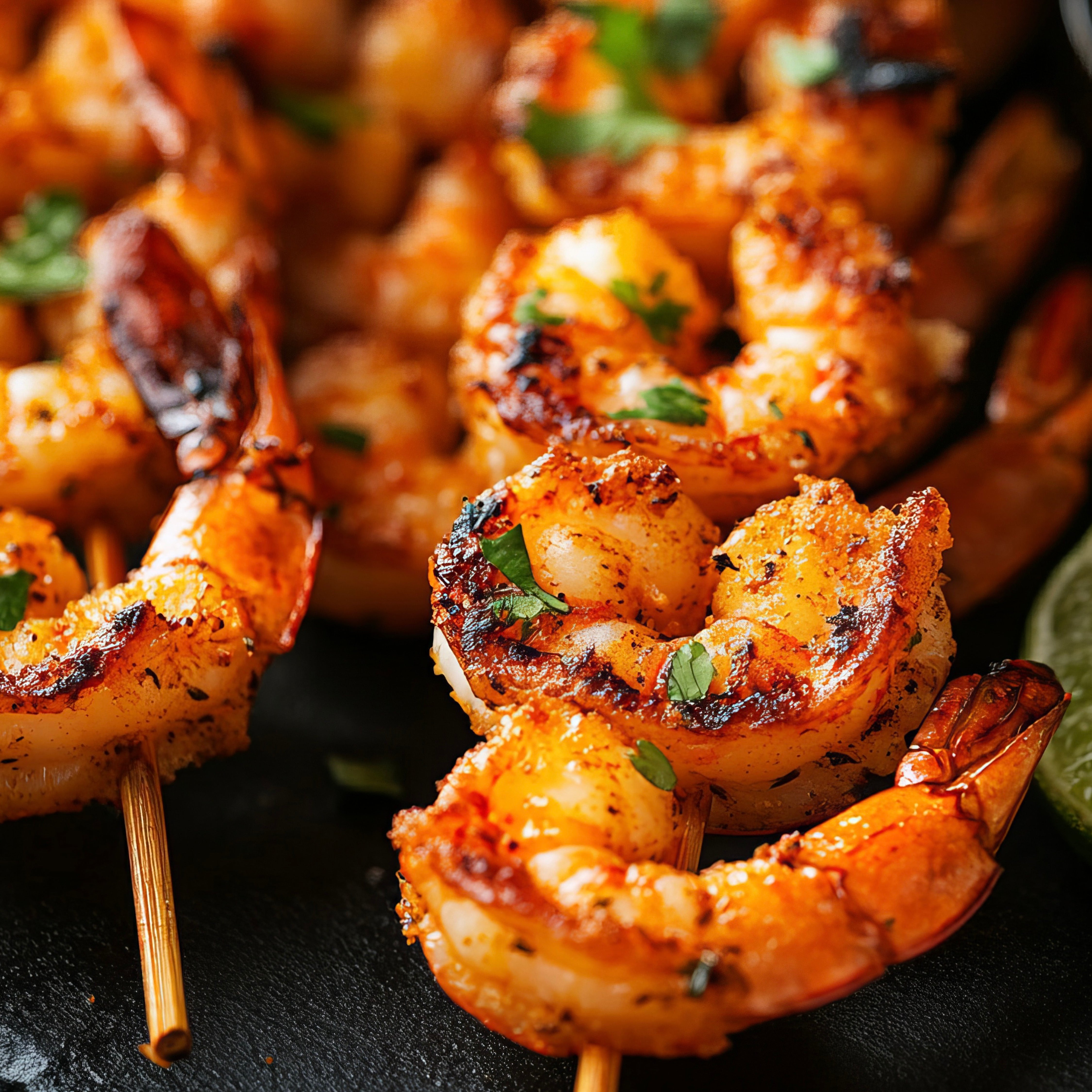 Close-up of grilled shrimp skewers seasoned with spices and garnished with fresh herbs, served on a dark surface.